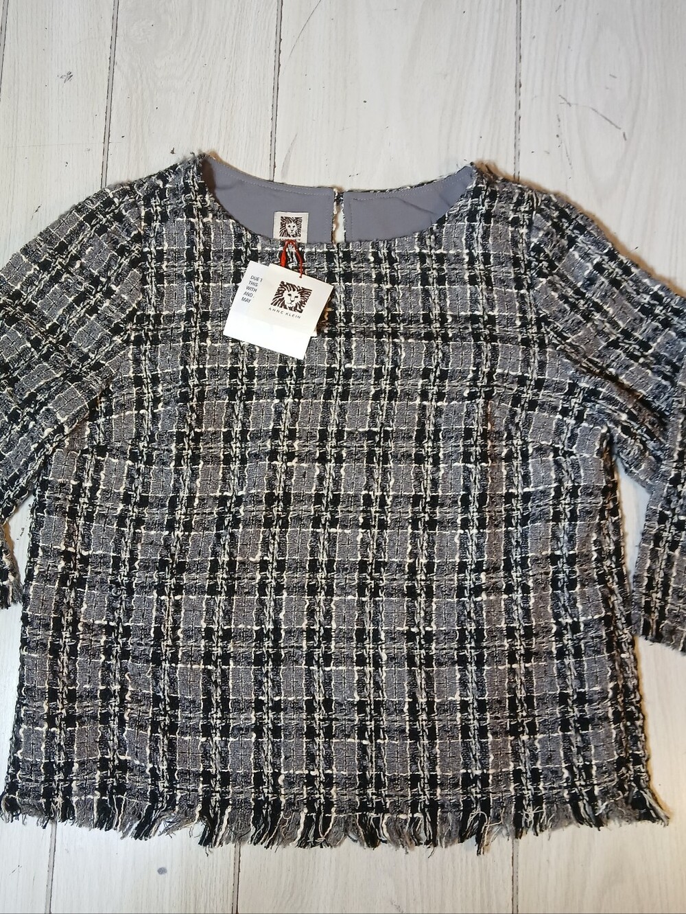 Anne Klein Women's Tweed Fringe Trim Top Blouse Grey Black Plaid NWT Size M #8